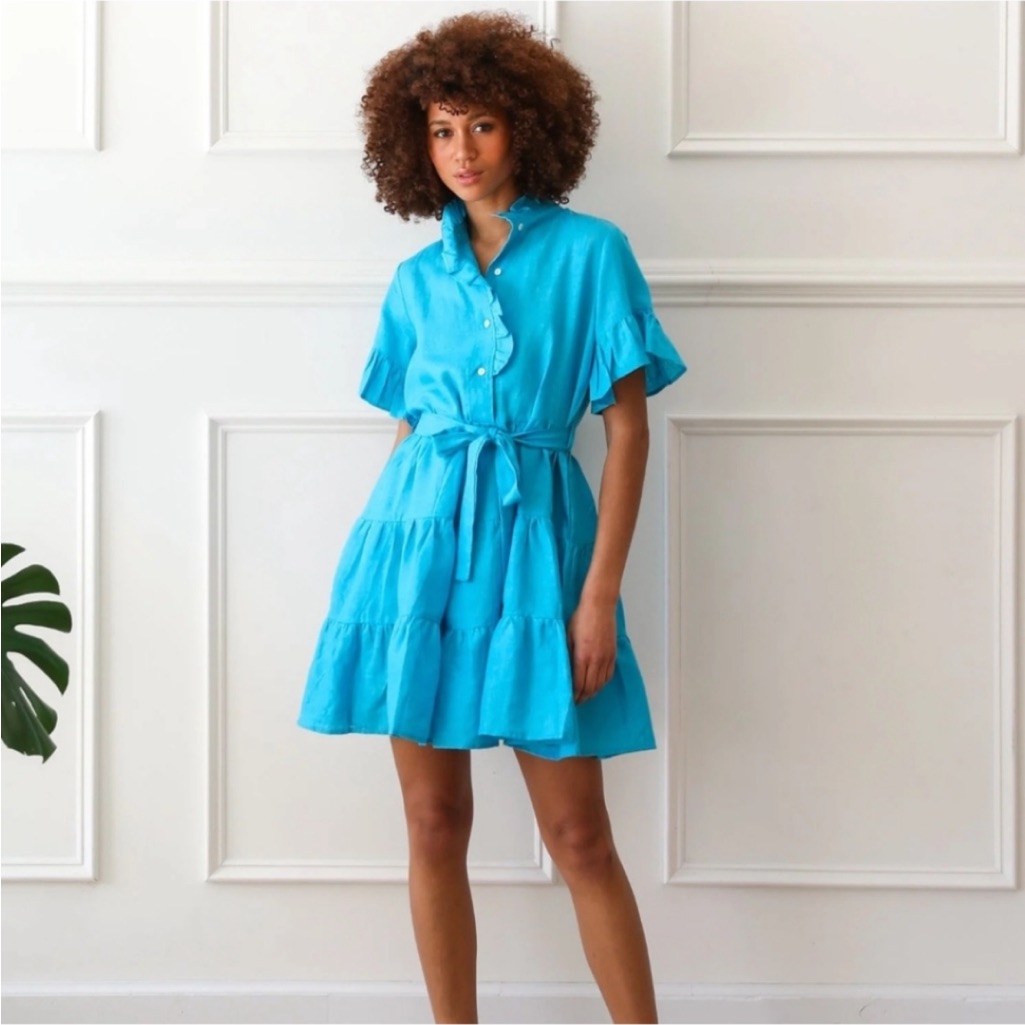 Aqua Button-Up Tiered Dress